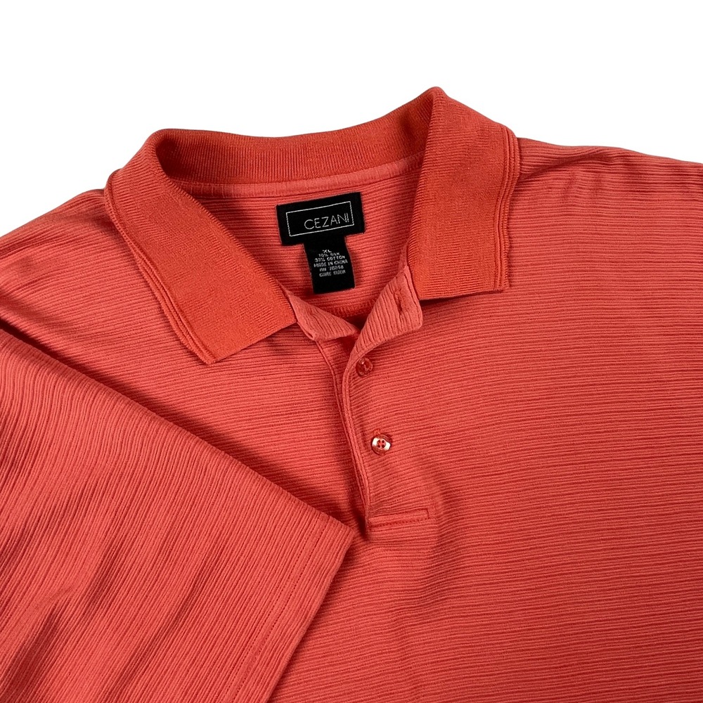 Cezani Mens XL Silk Cotton Ribbed Texture Short Sleeve Polo Shirt‎ Coral Orange